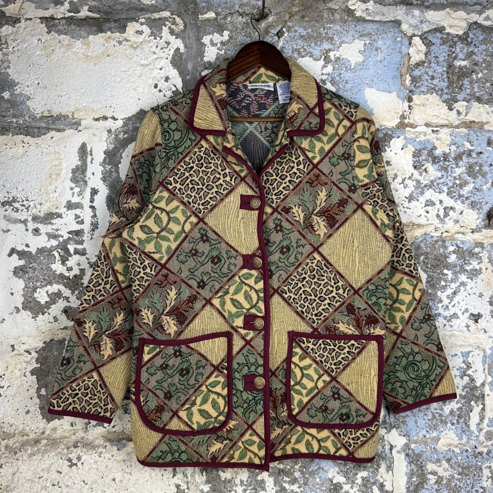 Vintage Blair Tapestry Jacket Multicolor Patchwork Leopard Button Women Medium